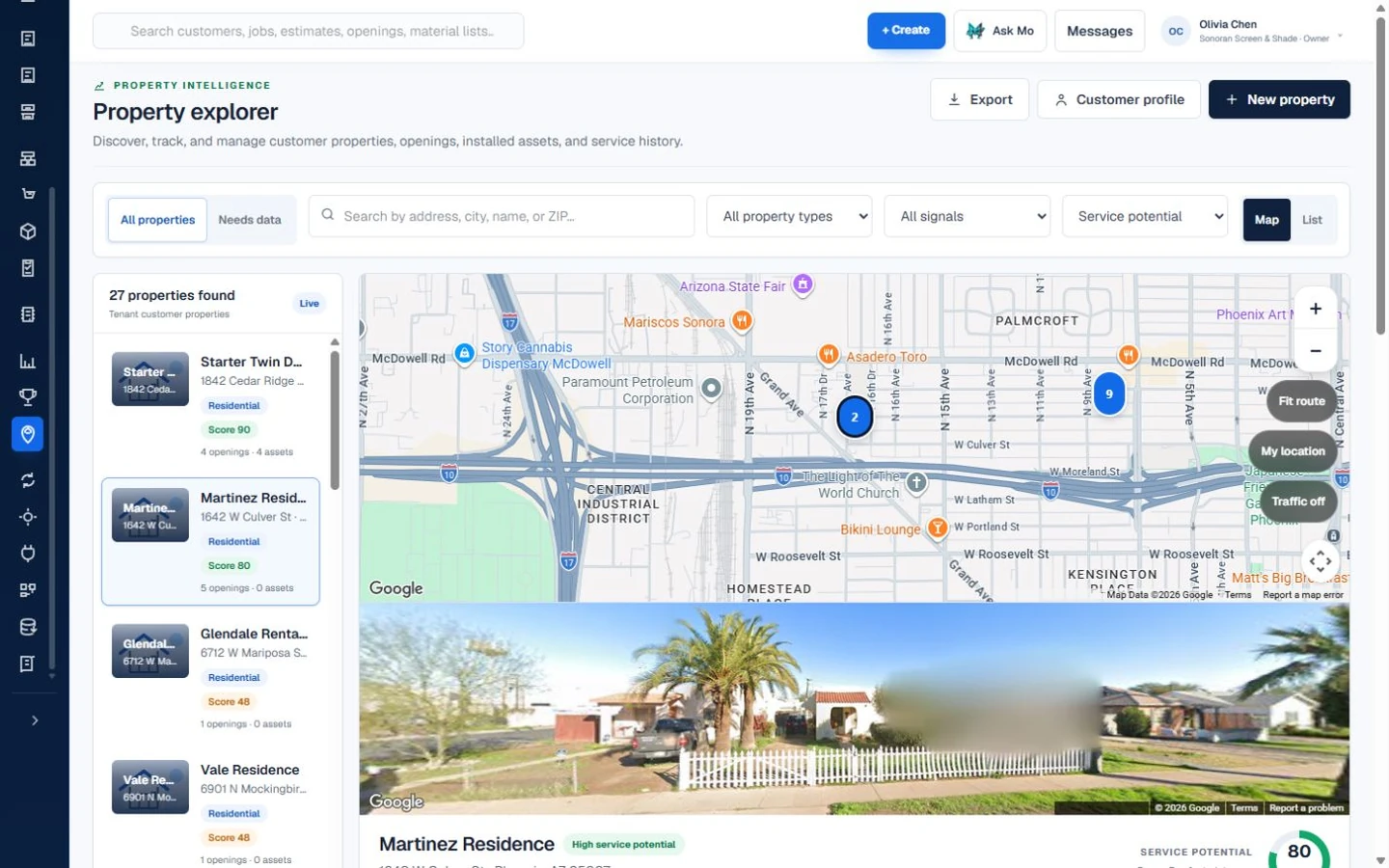 ScreenOps Property Explorer showing customer properties and opening records in the fictional Sonoran Screen and Shade demo