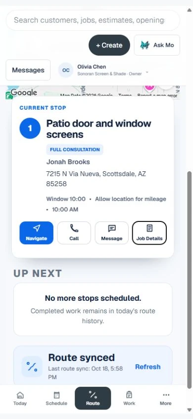 Current ScreenOps mobile field workspace for the fictional Sonoran Screen and Shade Growth demo company