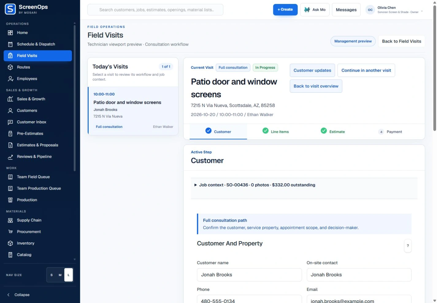 Current ScreenOps Field Visits · Consultation workflow using fictional Sonoran Screen and Shade demo records