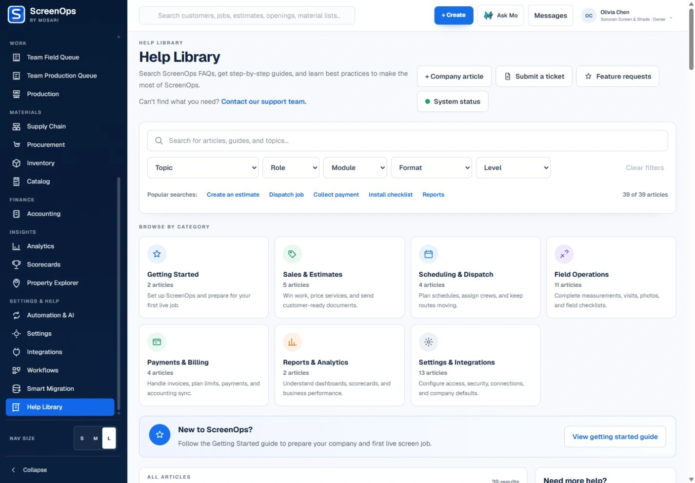 Current ScreenOps Help Library with search, filters, categories, and step-by-step articles in the fictional Sonoran Screen and Shade demo