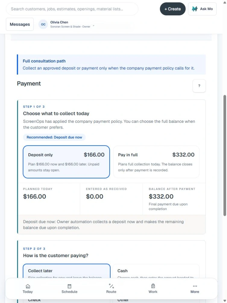 Current ScreenOps Visit payment policy & collection using fictional Sonoran Screen and Shade demo records