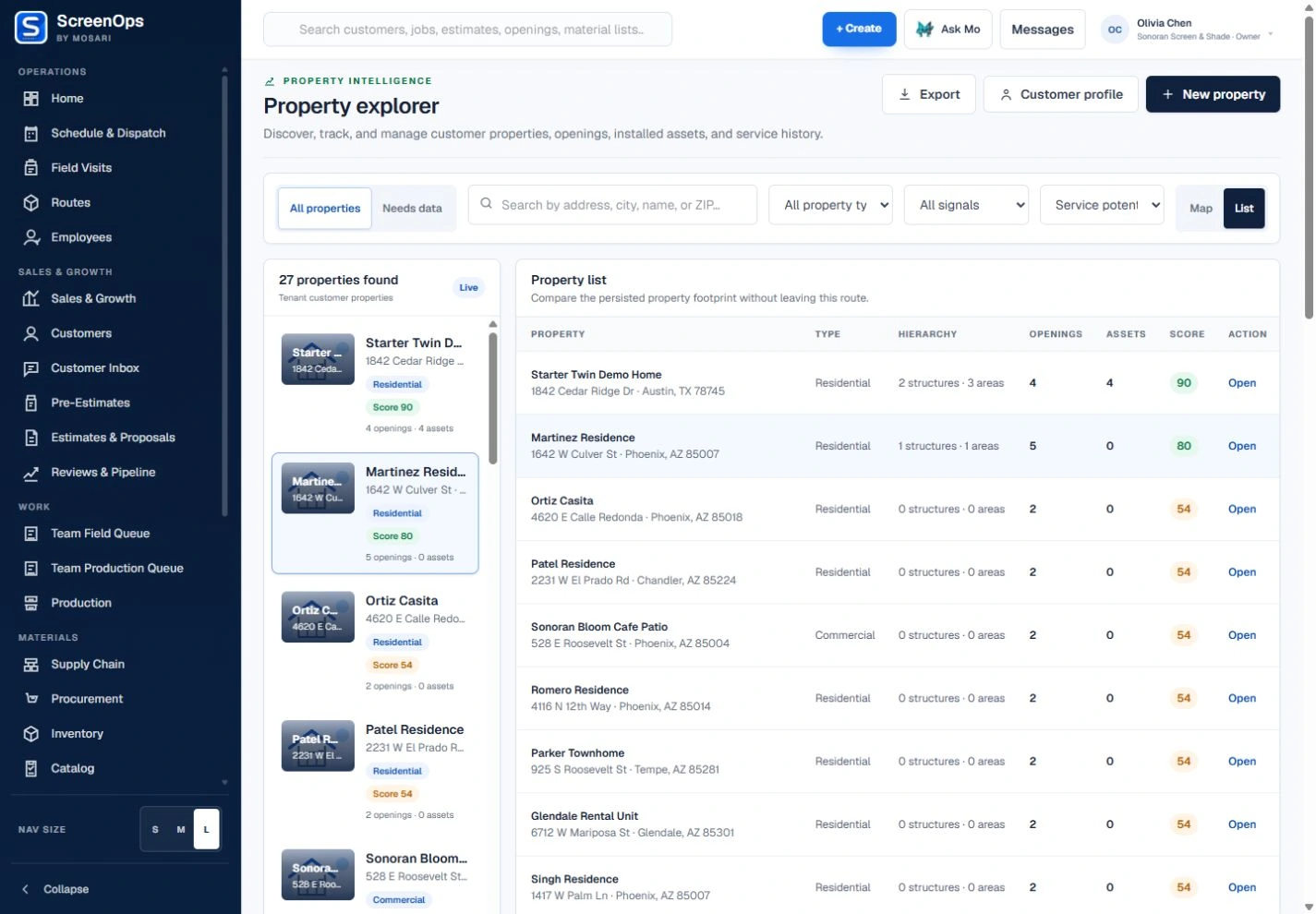 Current ScreenOps Property Explorer using fictional Sonoran Screen and Shade demo records