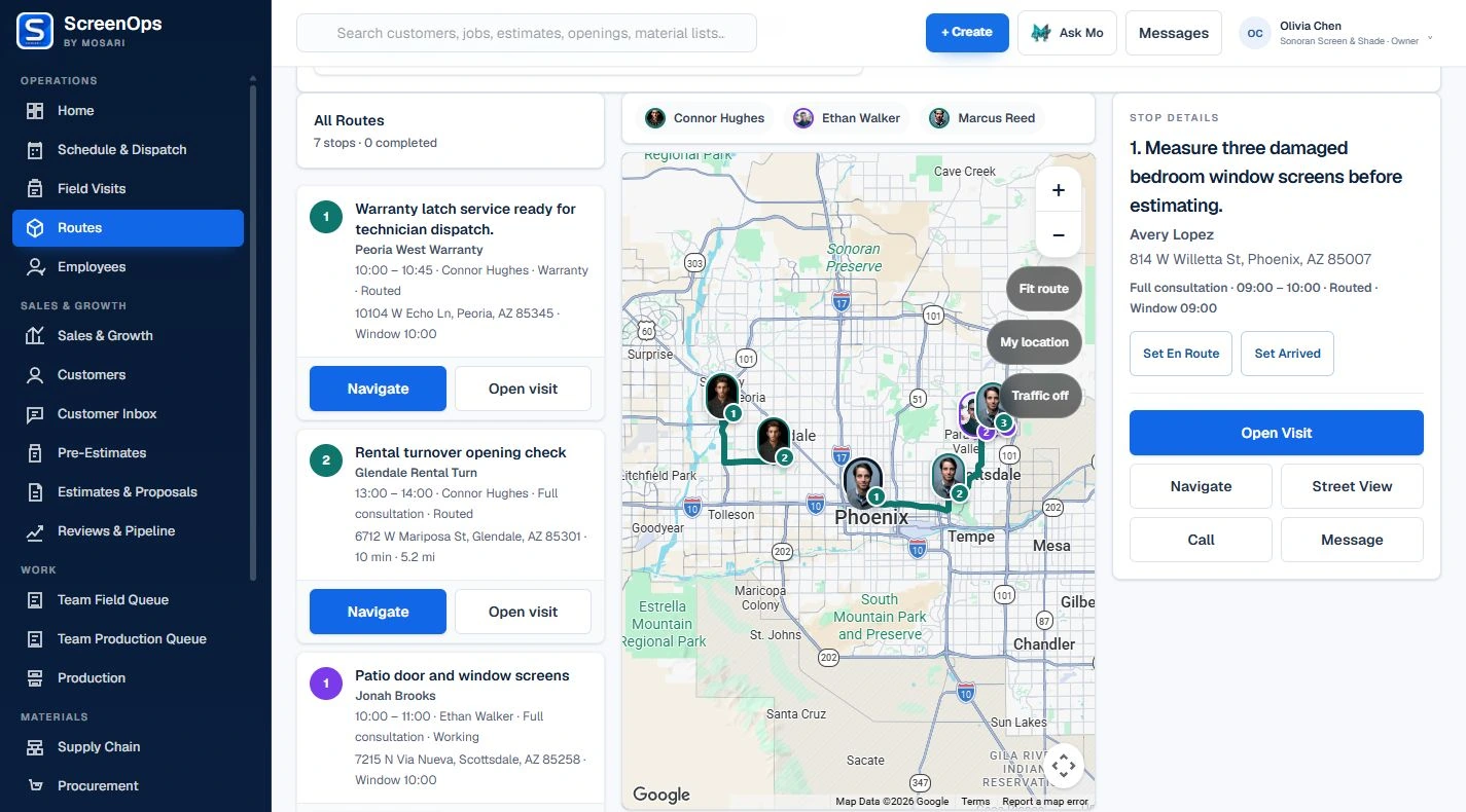 Current ScreenOps Team routes using fictional Sonoran Screen and Shade demo records