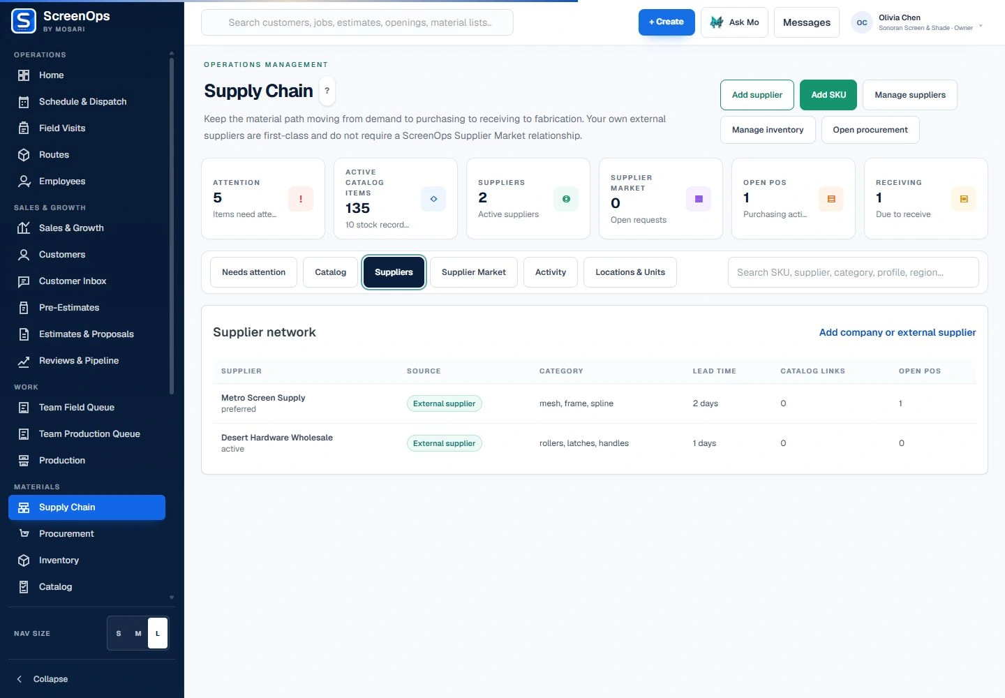 Current ScreenOps Supply Chain using fictional Sonoran Screen and Shade demo records