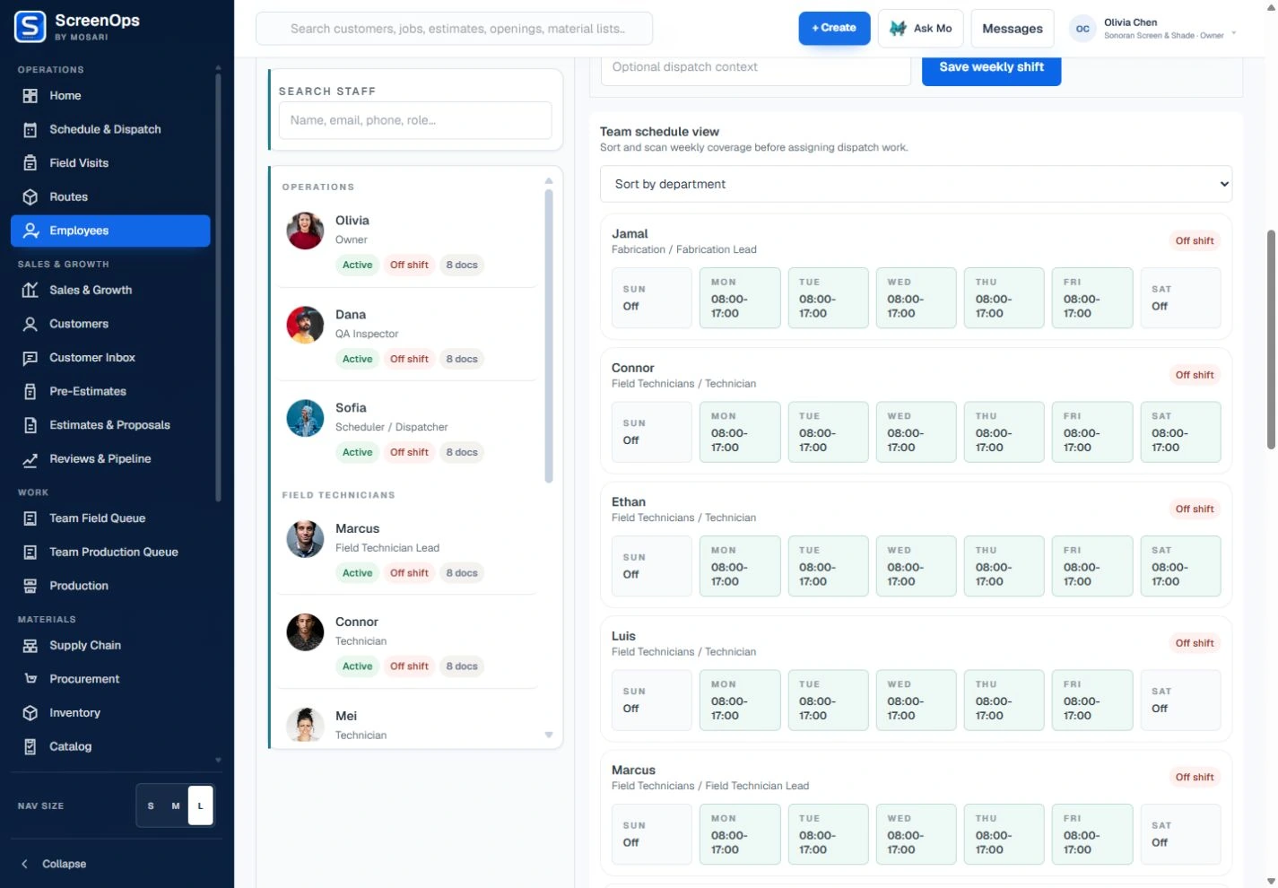 Current ScreenOps Employees · Team schedule using fictional Sonoran Screen and Shade demo records